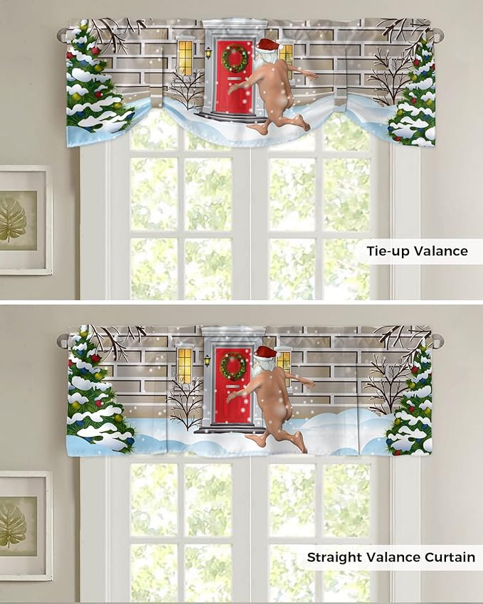 Christmas Farmhouse Blackout Tie Up Valance Curtains for Kitchen Windows Funny Santa Claus Window Toppers Balloon Shades for Living Room/Bathroom/Bedroom,1 Panel,60" X 18" Holly Xmas Tree