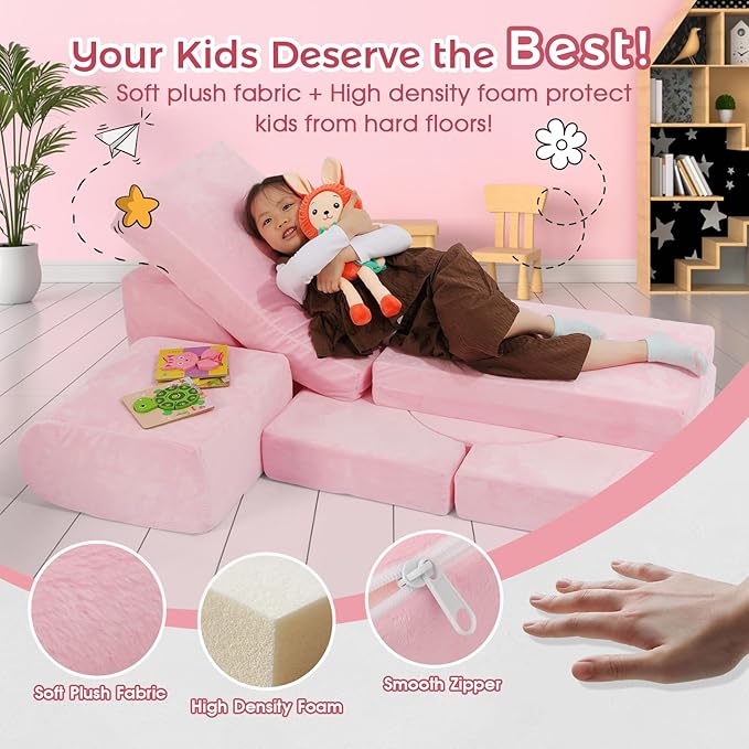 Modular Kids Sofa Play Couch, 12-Piece Kids Couch Sectional Sofa for Playroom Fort Buliding, 3S Instant Rebound and Fully Expand, Versatile Kids Play Couch for Toddler to Teen