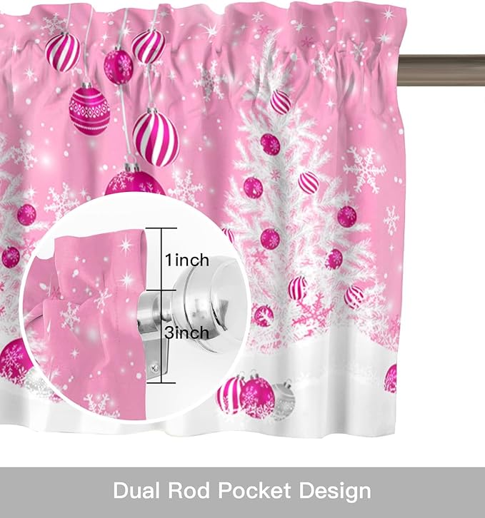 Pink Christmas Valance Curtains for Kitchen Windows White Xmas Tree Snowflakes Pink Balls Rod Pocket Window Treatment Toppers for Kitchen/Living Room/Bedroom/Bathroom, 60" X 18", Winter