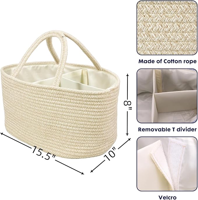 Large Baby Diaper Caddy Organizer for Girl Boy Rope Nursery Storage Bin Basket Portable Holder Tote Bag for Changing Table Car Travel Baby Shower Gifts Oatmeal