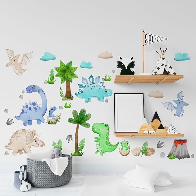 Dinosaur Wall Decals by Lipastick - Watercolour Dinosaur Kids Wall Stickers - Dinosaur Footprints Silhouettes Decals for Walls โ Peel and Stick Decal for Kids Bedroom Nursery S Size