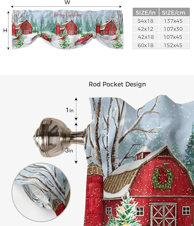 Red Truck Christmas Blackout Tie Up Valance Curtains for Kitchen Windows Merry Christmas Farmhouse Window Toppers Balloon Shades for Living Room/Bathroom/Bedroom,1 Panel, 60" X 18", Winter Xmas Tree