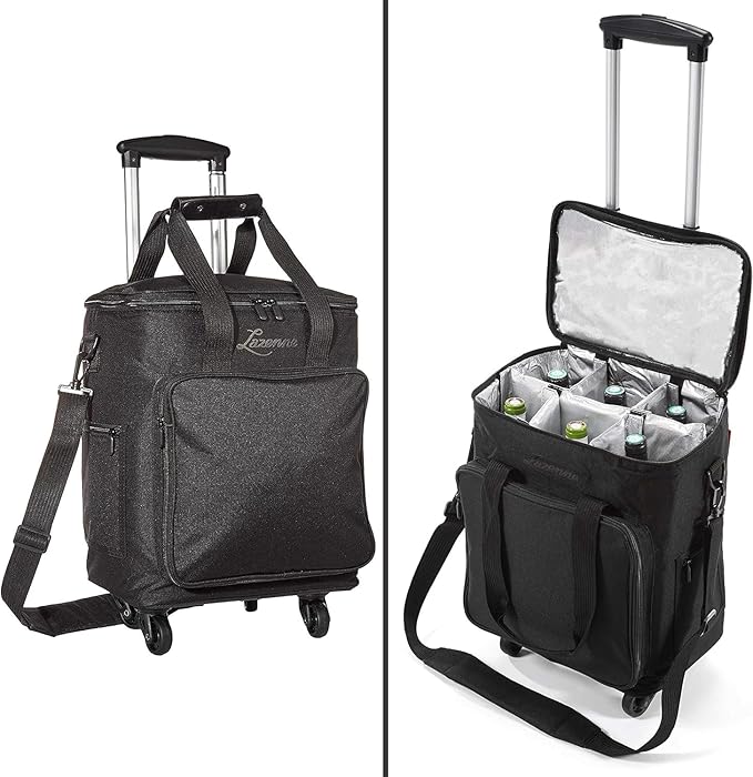 Lazenne Wine Bags for Travel - 6 Bottle Wine Bag/Wine Carrier - Wine Luggage For Professionals and Consumers. 3-in-1 Wine Tote, Rolling Suitcase and Insulated Cooler Bag with Removable Dividers