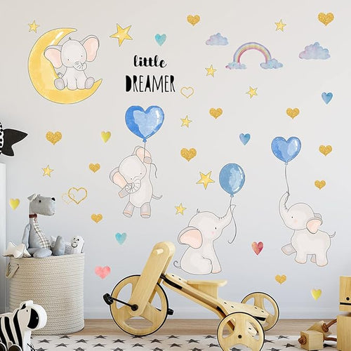 Cartoon Elephant Wall Stickers Moon Stars Balloons Rainbow Wall Decals Cute Animal Wall Decor for Kids Room Bedroom Living Room Wall Background Decor