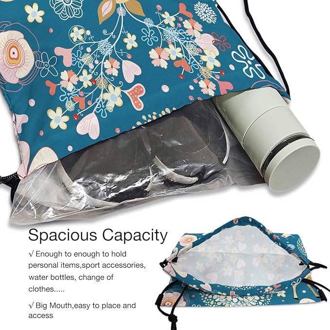 Drawstring Bag Fabulous Deer Waterproof Basketball Bag Wear Pearl Necklace Beautiful Flower Cute Birds Stroage Small Exercise Accessiors Water Bottle Change of Clothes Shoes Ball