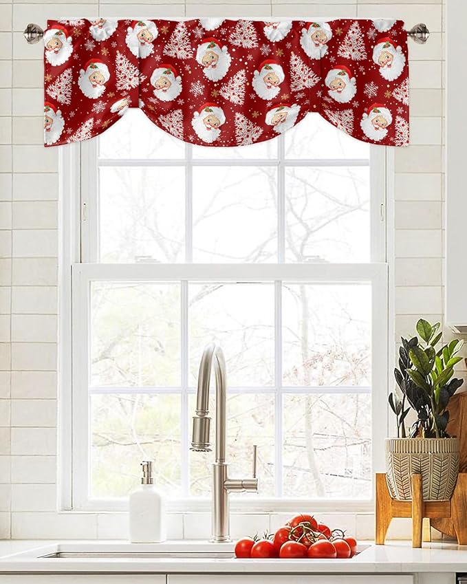 Red Christmas Blackout Tie Up Valance Curtains for Kitchen Windows Santa Claus Merry Christmas Tree Window Toppers Balloon Shades for Living Room/Bathroom/Bedroom,1 Panel, 42" X 12", Winter Snowflake