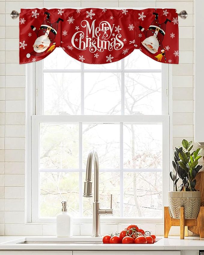 Red Merry Christmas Blackout Tie Up Valance Curtains for Kitchen Windows Funny Hanging Santa Window Toppers Balloon Shades for Living Room/Bathroom/Bedroom,1 Panel, 42" X 12", Snow Winter Holiday