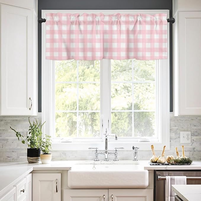 Christmas Valance Curtains for Kitchen Windows Rustic Pink White Buffalo Check Plaid Pattern Rod Pocket Window Treatment Toppers for Kitchen/Living Room/Bedroom/Bathroom, 54" X 18", Farmhouse