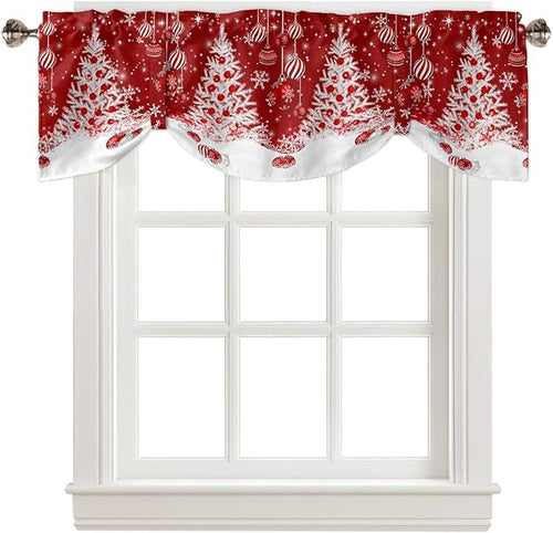 Red Christmas Blackout Tie Up Valance Curtains for Kitchen Windows White Xmas Tree Snowflakes Red Balls Window Toppers Balloon Shades for Living Room/Bathroom/Bedroom,1 Panel, 54" X 18", Winter