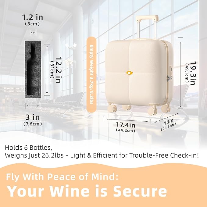 Wine Suitcase, 6 Bottle Wine Luggage, Durable Wine Travel Case, Fly With Wine Suitcase with TSA Lock, Versatile Wine Carrier with Removable Inserts and Silent Spinner Wheels(Cream)