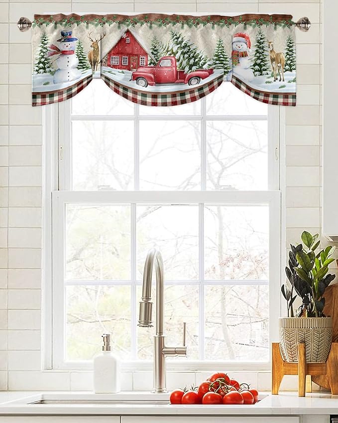 Christmas Farmhouse Blackout Tie Up Valance Curtains for Kitchen Windows Snowman Farm Red Truck Window Toppers Balloon Shades for Living Room/Bathroom/Bedroom,1 Panel,42" X 12" Winter Holiday