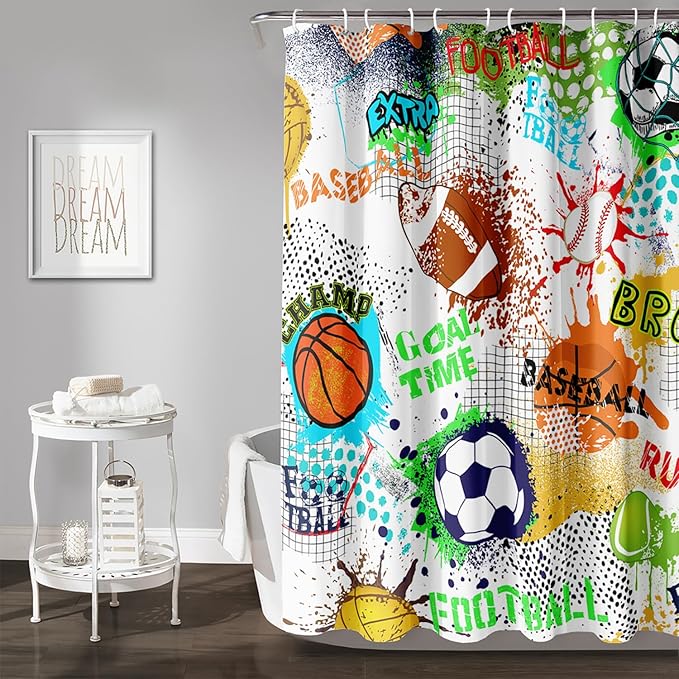 AILONEN Sport Shower Curtain,Graffiti Basketball Football Baseball Rugby Sport Art Bath Curtain Minimalist Bathroom Curtain 60" W*72" H Polyester Waterproof Bathroom Curtain with 12 Hooks