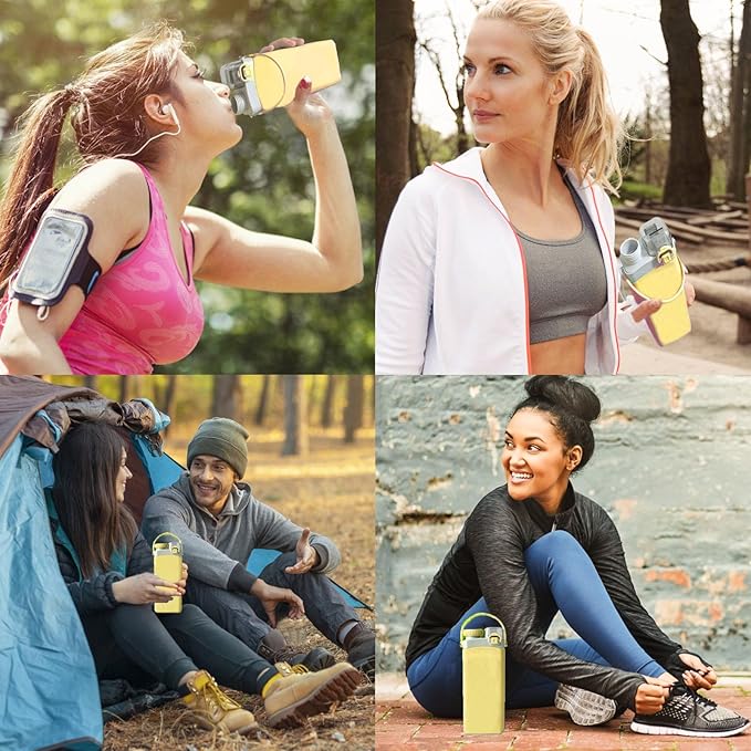 THAIOXYH® Collapsible Water Bottle 20 oz(600ml) Silicone BPA Free Reuseable Lightweight Foldable Water Bottles for Traveling Running Hiking Camping Sports (Yellow)