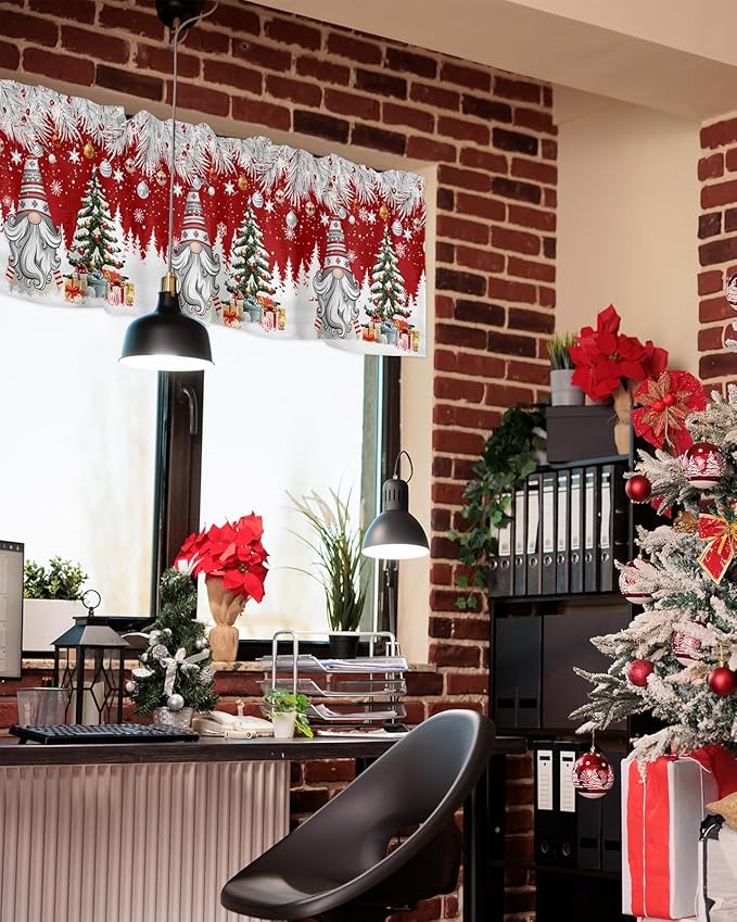 Christmas Gnome Valance Curtains for Kitchen Windows Winter Merry Christmas Tree Balls Rod Pocket Window Treatment Toppers for Kitchen/Living Room/Bedroom/Bathroom, 42" X 18", Red