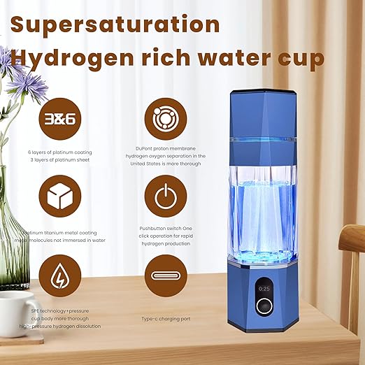 Hydrogen Alkalin Hydrogen Water Generator,Portable Rechargeable aquahealth Hydrogen Water Bottle with SPE/PEM Technology, Suitable for Home, Office, Travel, and Fitness Hydration.(Blue)