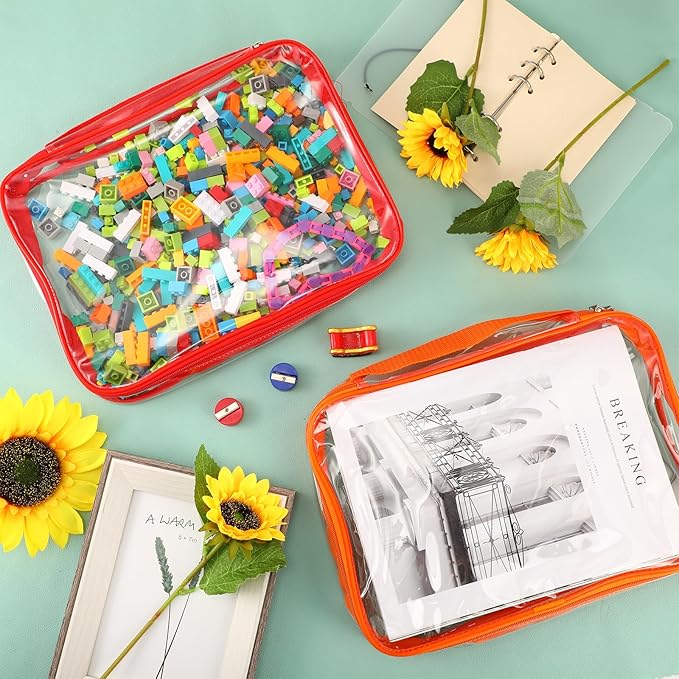 Sanwuta 3 Packs Toy Storage Bags with Zipper, Clear PVC Organizing Bags, Waterproof Toy Bags for Board Games, Building Blocks, Toys and Kids Books (Red, Yellow, Orange,12.6 x 9 x 2.36 Inch)