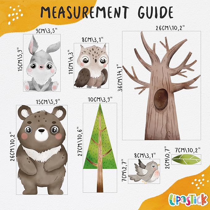 Large Animals Wall Decals for Kids by Lipastick β 133 pcs Woodland Animal Wall Stickers β Forest Animal Wall Decals for Kids Boys Baby Girls β Kids Wall Decals Bear Fox Deer Hare Raccoon Owl M Size