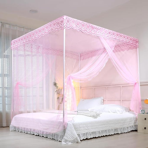 Bed Canopy, Princess Bed Curtain Net for Girls & Adults,Three-Doors Rectangle Lace Dome Netting (Baby Pink, King)