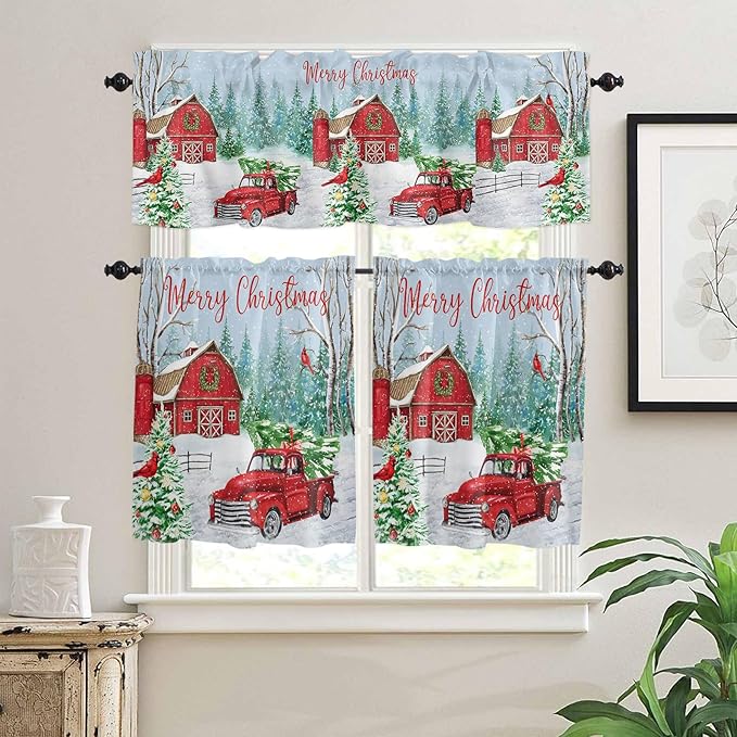 Red Truck Christmas Kitchen Curtains and Valances Set, Merry Christmas Farmhouse Windows Treatments Tiers Half/Short Curtains for Small Windows Cafe /Living Room/ Bedroom 54x24 in Winter Xmas Tree