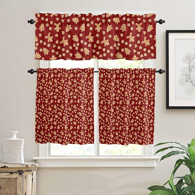 Christmas Valance Kitchen Curtains Set,Red Merry Christmas Gingerbread Man Cookies Window Treatments Tiers,Winter Holiday Decor Short Window Curtain Panels for Bedroom/ Living Room,54x36 in,3-Piece