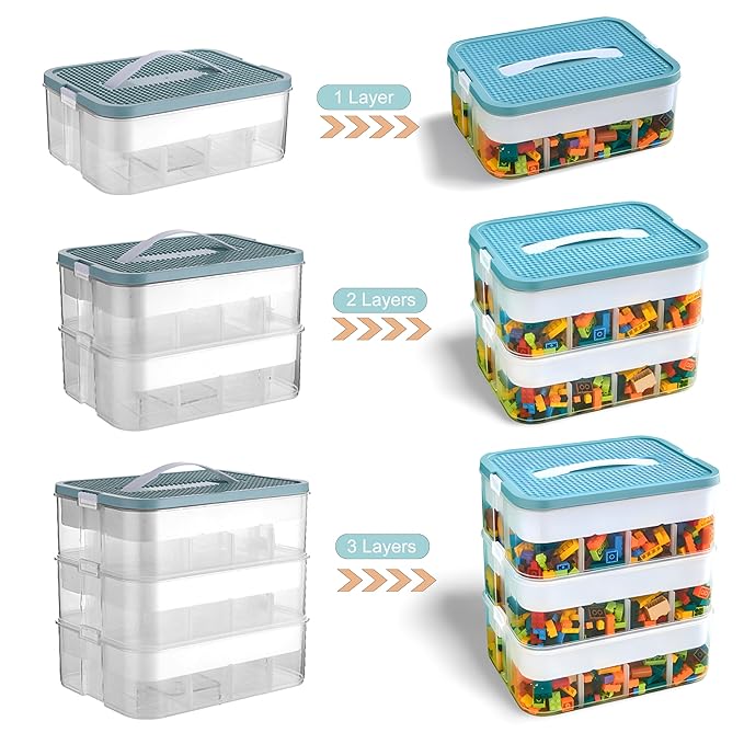 Plastic Storage Organizer for Lego, Stackable Toy Containers with Lids and Handle, Clear Toy Storage Box Chest with Removable Tray for Kids Nursery, Closet, Playroom- Toy Blocks Not Included (1 Tier)