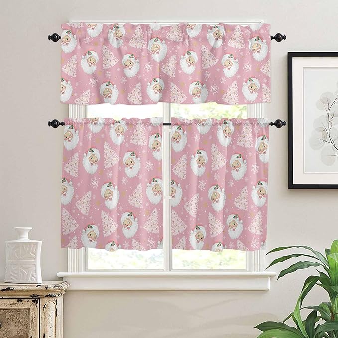 Pink Christmas Kitchen Curtains and Valances Set, Santa Claus Merry Christmas Tree Windows Treatments Tiers Half/Short Curtains for Small Windows Cafe/Living Room/Bedroom 54x36 in Winter Snowflake