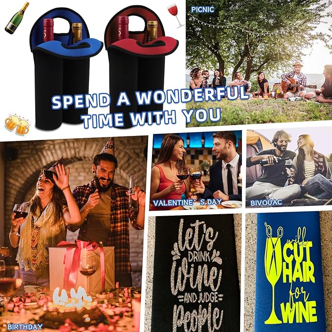 Desing Wish 2-Bottle Set Wine Carrier Tote Bag for 750ml Red/White Wine Bottles, Insulated Neoprene Wine Cooler Bag Wine Gift Bags for Gift/Picnic/Party/Beach/Christmas - Blue