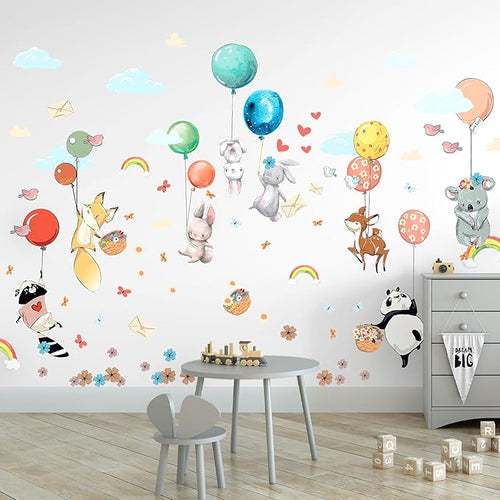 Hot Air Balloon Wall Decals for Kids by Lipastick โ 87 pcs Cartoon Animals Wall Decals for Girls Boys Kids Baby - Animal Wall Stickers for Nursery Room Bedroom - Raccoon Fox Koala Panda M Size