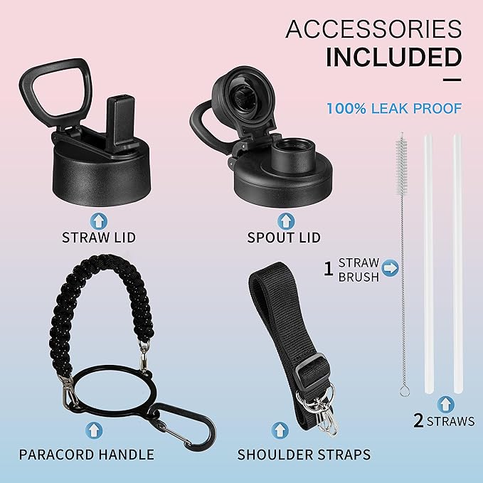 32oz Insulated Water Bottle with Paracord Handles & Strap, 2 Lids(Straw Lid&Spout Lid), Stainless Steel Reusable Wide Mouth Metal Water Bottle With Straw, Double Walled, Thermo Mug(Black Leoqard)