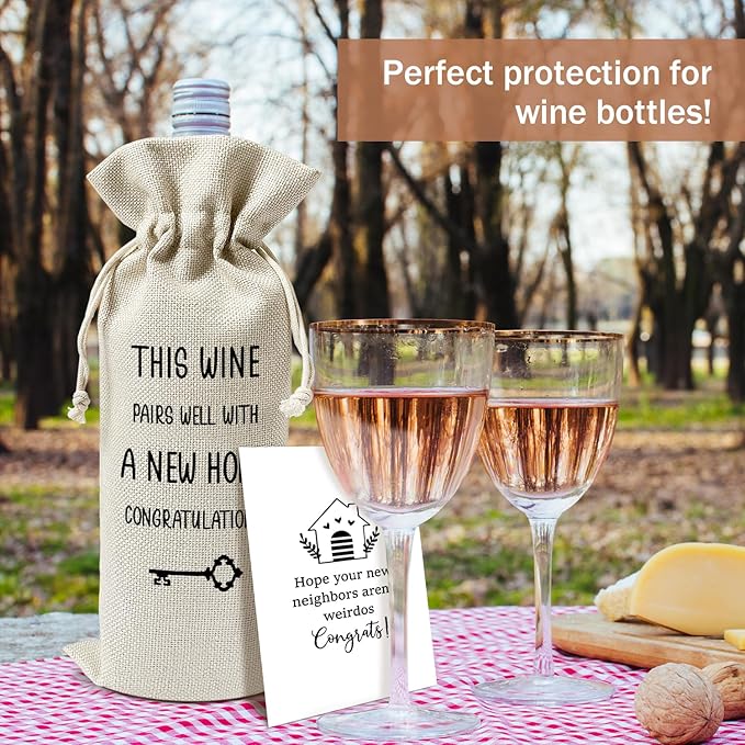 Housewarming Wine Gift Bags & Card, First New Home House Gifts for Women Men Wife Husband Friend Home Owner, 1 pcs Reusable Burlap Wine Gift Bags for Wine Bottles, Housewarming Party Decor Favor -31