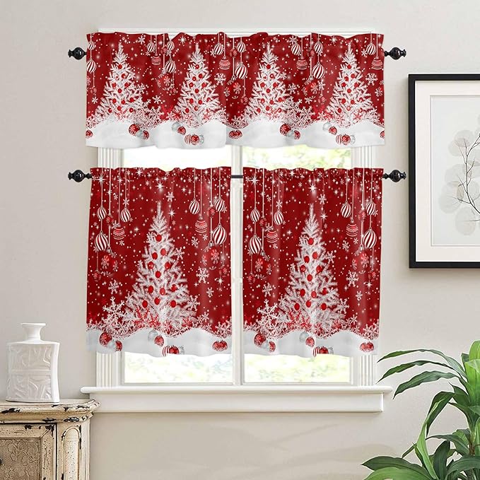 Red Christmas Kitchen Curtains and Valances Set, White Xmas Tree Snowflakes Red Balls Windows Treatments Tiers Half/Short Curtains for Small Windows Cafe /Living Room/ Bedroom 54x36 in Winter