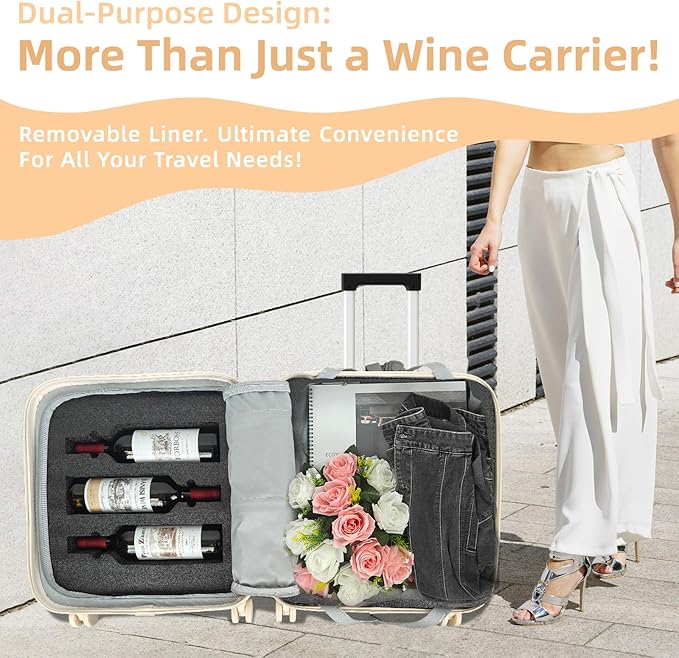 Wine Suitcase, 6 Bottle Wine Luggage, Durable Wine Travel Case, Fly With Wine Suitcase with TSA Lock, Versatile Wine Carrier with Removable Inserts and Silent Spinner Wheels(Cream)