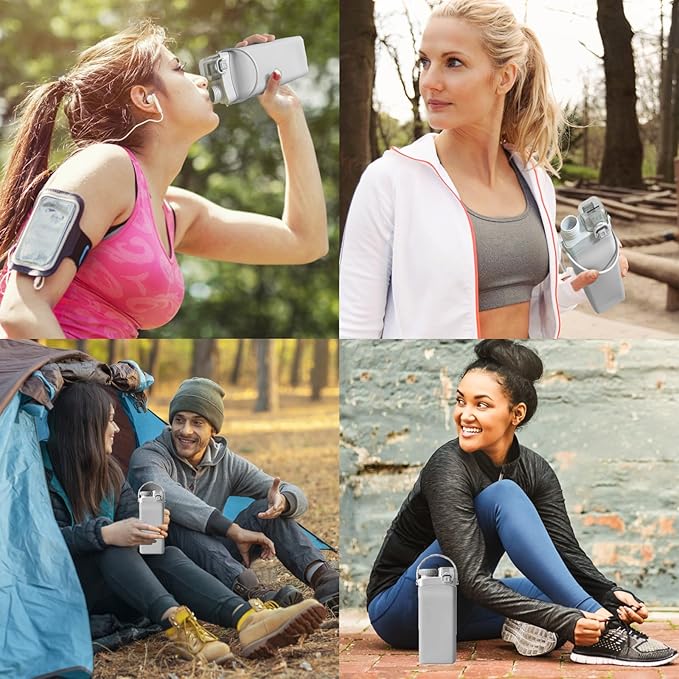 THAIOXYH® Collapsible Water Bottle 20 oz(600ml) Silicone BPA Free Reuseable Lightweight Foldable Water Bottles for Traveling Running Hiking Camping Sports (Grey)