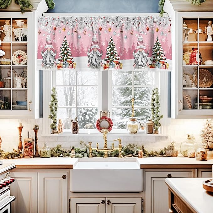 Christmas Gnome Valance Curtains for Kitchen Windows Winter Merry Christmas Tree Balls Rod Pocket Window Treatment Toppers for Kitchen/Living Room/Bedroom/Bathroom, 42" X 18", Pink