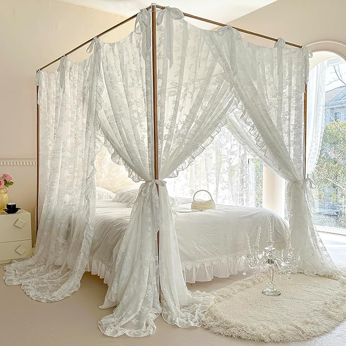 Mengersi Canopy Bed Curtains with Tie Backs,Bed Canopy Curtains Bed Drapes Sheer Curtains for Bedroom Decor(Queen,White