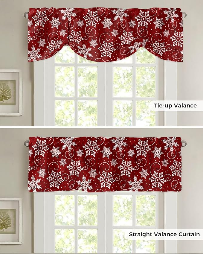 Christmas Blackout Tie Up Valance Curtains for Kitchen Windows Red White Snowflakes Pattern Window Toppers Balloon Shades for Living Room/Bathroom/Bedroom,1 Panel, 54" X 18", Winter