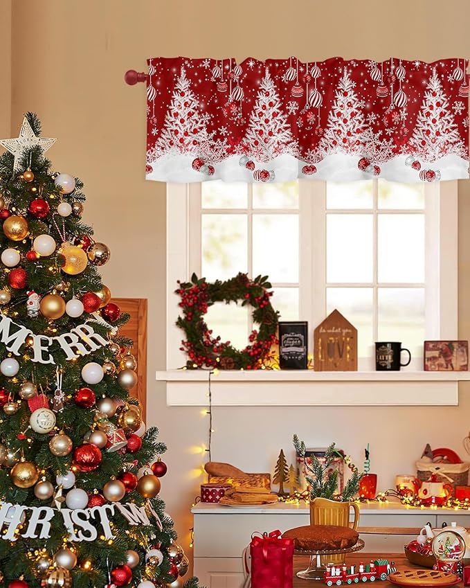 Red Christmas Valance Curtains for Kitchen Windows White Xmas Tree Snowflakes Red Balls Rod Pocket Window Treatment Toppers for Kitchen/Living Room/Bedroom/Bathroom, 54" X 18", Winter