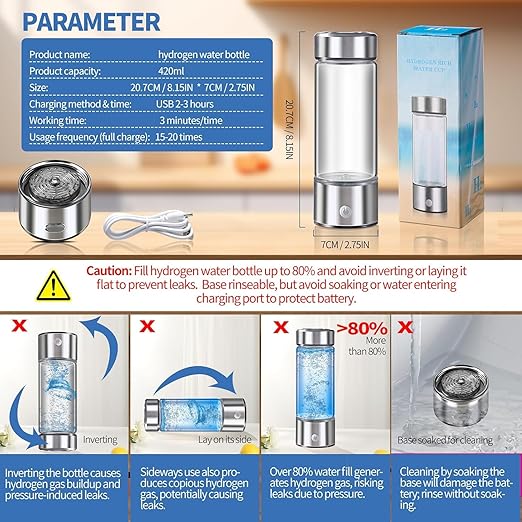 Hydrogen Water Bottle, Hydrogen Water Bottle Generator Ion Water Bottle Improve Water Quality in 3 Minutes, Water Ionizer Machine Suitable for Office, Travel and Daily Drinking(Silver)