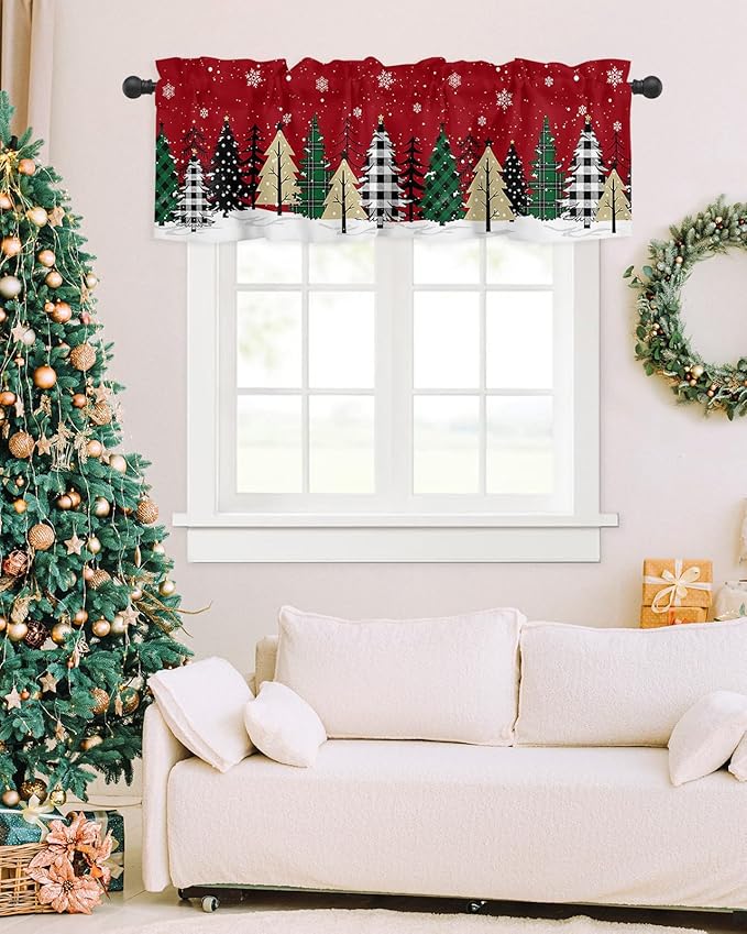 Red Merry Christmas Valance Curtains for Kitchen Windows Green Christmas Tree Rod Pocket Window Treatment Toppers for Kitchen/Living Room/Bedroom/Bathroom, 42" X 12", White Snow Forest Winter