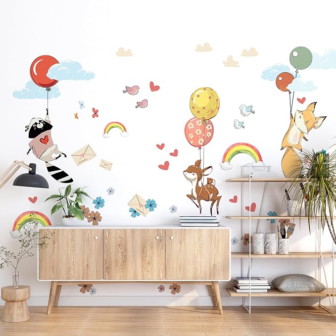 Hot Air Balloon Wall Decals for Kids by Lipastick โ 87 pcs Cartoon Animals Wall Decals for Girls Boys Kids Baby - Animal Wall Stickers for Nursery Room Bedroom - Raccoon Fox Koala Panda M Size
