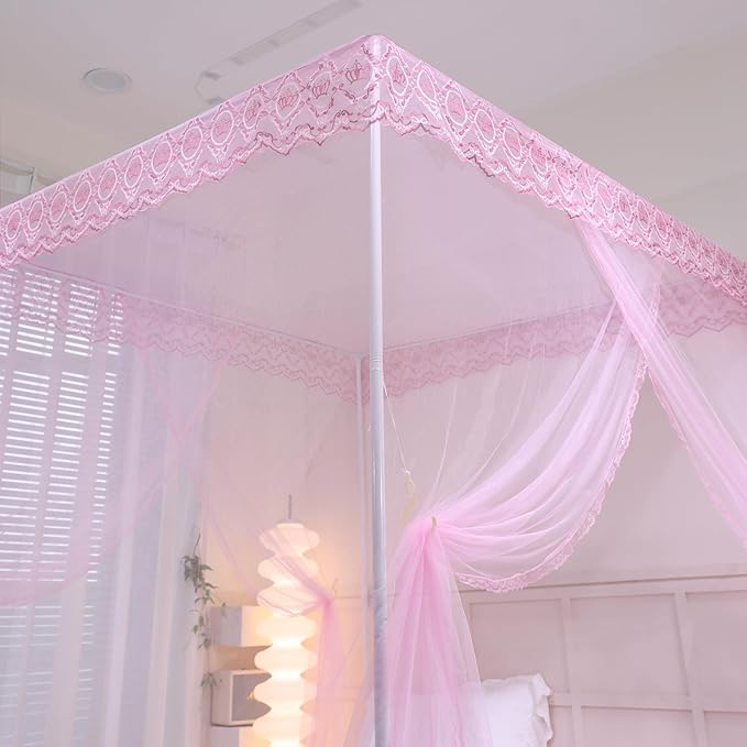 Bed Canopy, Princess Bed Curtain Net for Girls & Adults,Three-Doors Rectangle Lace Dome Netting (Baby Pink, Queen)