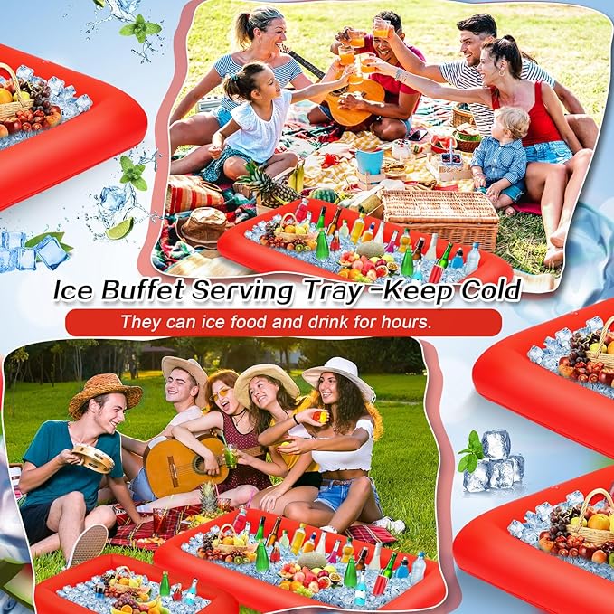 Leitee 4 Pcs Inflatable Ice Serving Bars Buffet Serving Tray Drink Cooler for Pool Party Inflatable Ice Tray Floating Food Drink Containers with Drain Plug and a Hand Pump, 2 Sizes (Red)