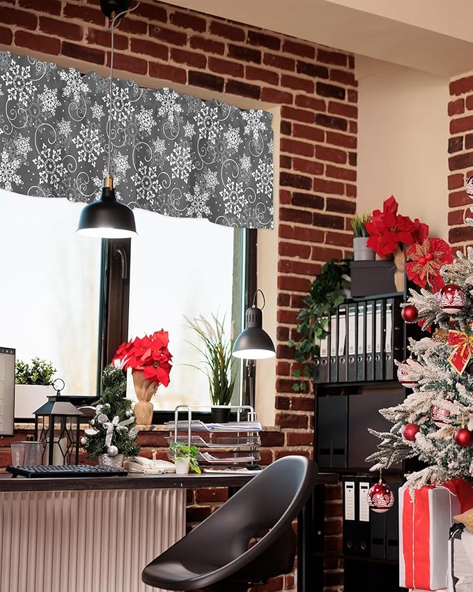 Christmas Valance Curtains for Kitchen Windows Grey White Snowflakes Pattern Rod Pocket Window Treatment Toppers for Kitchen/Living Room/Bedroom/Bathroom, 42" X 12", Winter