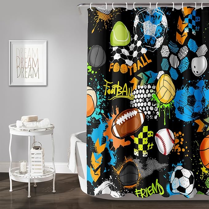AILONEN Graffiti Sport Shower Curtain,Boys Graffiti Basketball Football Baseball Rugby Sport Bath Curtain Minimalist Bathroom Curtain 72" W*84" H Polyester Waterproof Bathroom Curtain with 12 Hooks