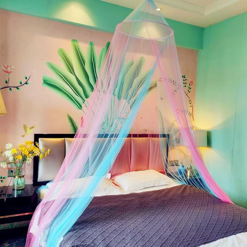 Eimilaly Two-Tone Bed Canopy Mosquito Net Pink Blue, Bed Canopy for Girls Room Decor - Insect Protection Hanging Canopy for Adults, Babies, Single Door