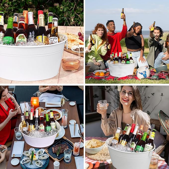 Ice Bucket, Oval Beverage Tub, Galvanized Bucket and drink Cooler for Parties, Ice Tub with Handles for Beer Sparkling Whisky Wine Cocktails (3.5gal) (White*2)
