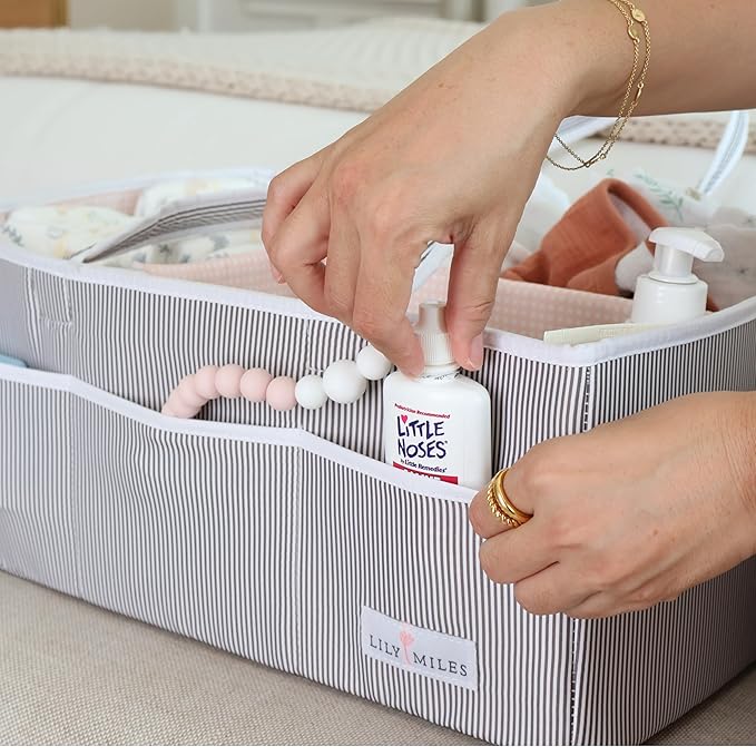 Lily Miles Baby Diaper Caddy - Organizer Tote Bag for Baby Girl Essentials - Baby Shower Basket - Nursery Must Haves - Registry Favorites - Newborn Caddie Car Travel - Gray/Blush, Extra Large