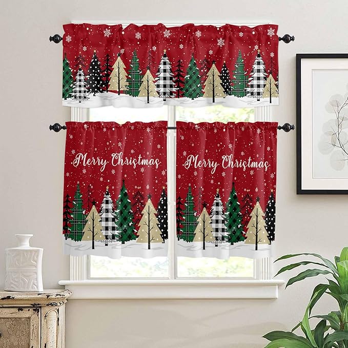 Red Merry Christmas Kitchen Curtains and Valances Set, Green Christmas Tree Windows Treatments Tiers Half/Short Curtains for Small Windows Cafe /Living Room/ Bedroom 54x24 in White Snow Forest Winter