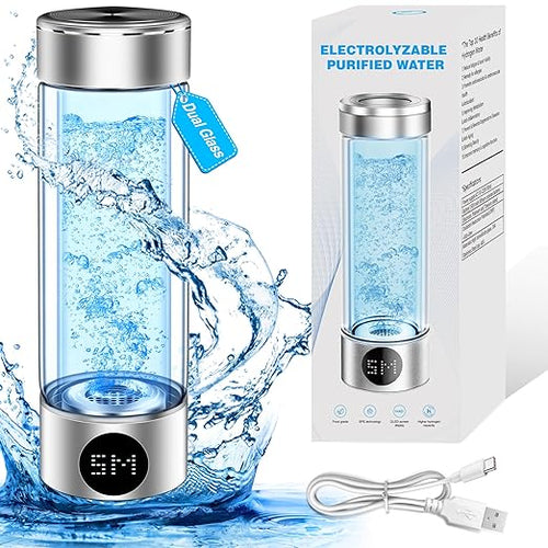 Newest Hydrogen Water Bottle, Hydrogen Water Bottle Generator, Pure Water Electrolysis, Double Glass, Power Display, Electrolysis Timer, for Office, Travel, Gift for Love