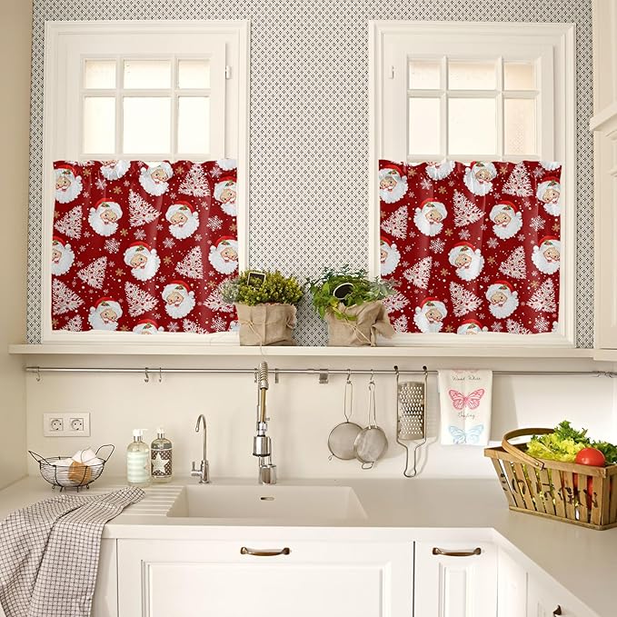 Red Christmas Kitchen Curtains and Valances Set, Santa Claus Merry Christmas Tree Windows Treatments Tiers Half/Short Curtains for Small Windows Cafe/Living Room/Bedroom 54x24 in Winter Snowflake